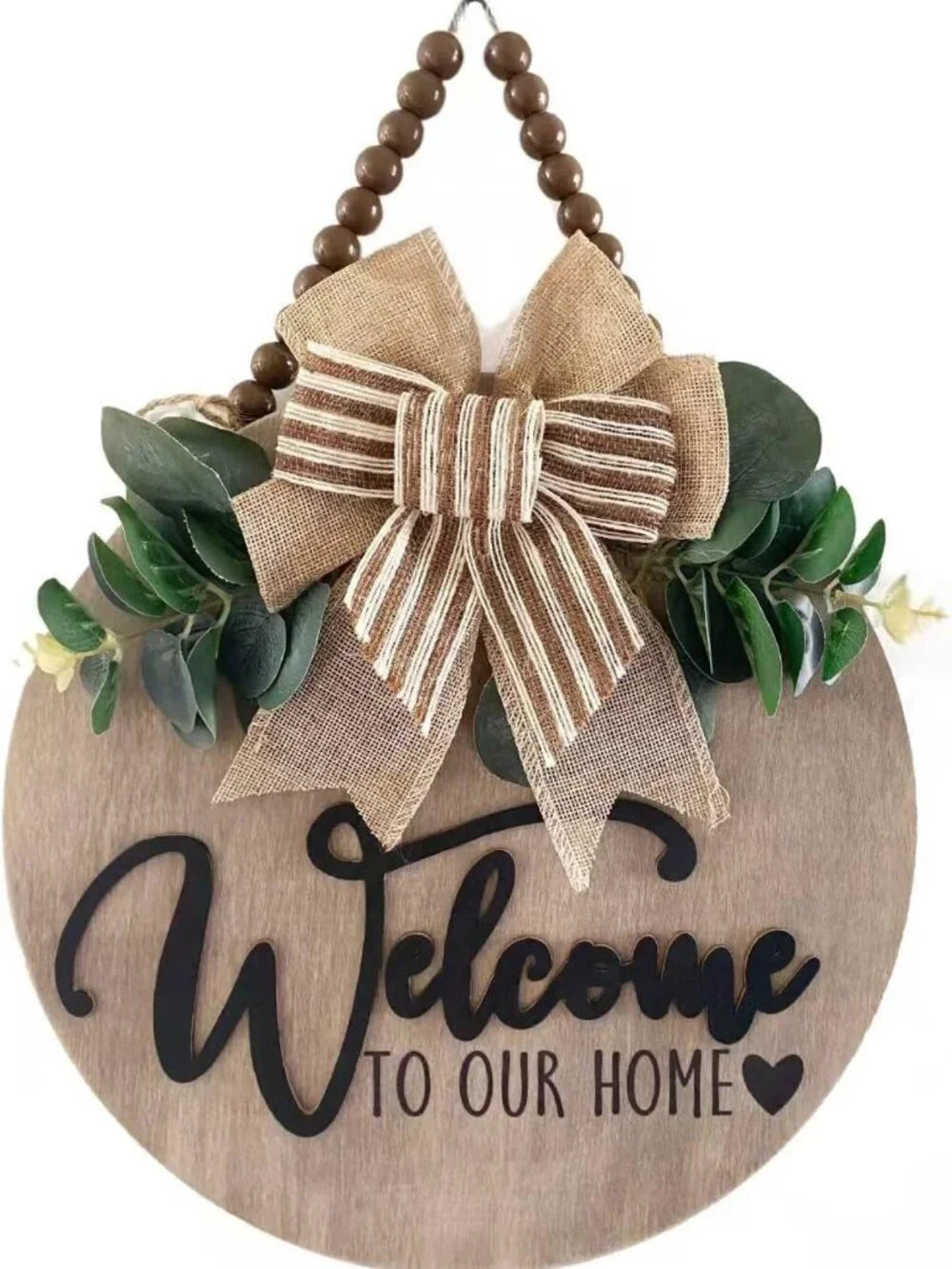 3D Welcome Sign for Front Door | Rustic Wooden Hanging Décor with Leaves & Beads